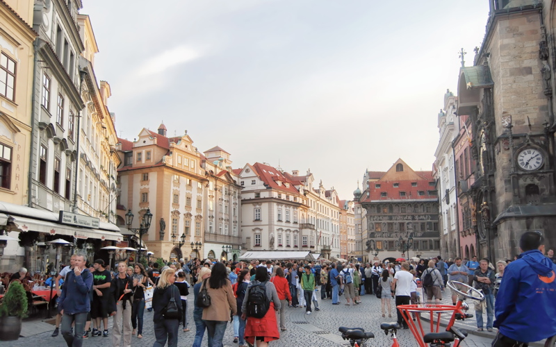 26 - The historic Old Town Square in Prague, Czech Republic, with the famous Prague Astronomical Clock visible on the right